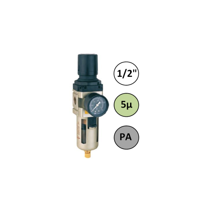 1/2" - 4000 l/min - 5µ - PA - Filter Drukregelaar + manometer