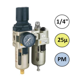 1/4" - 750 l/min - 25µ - PM - Filter Drukregelaar Olienevelaar + Manometer