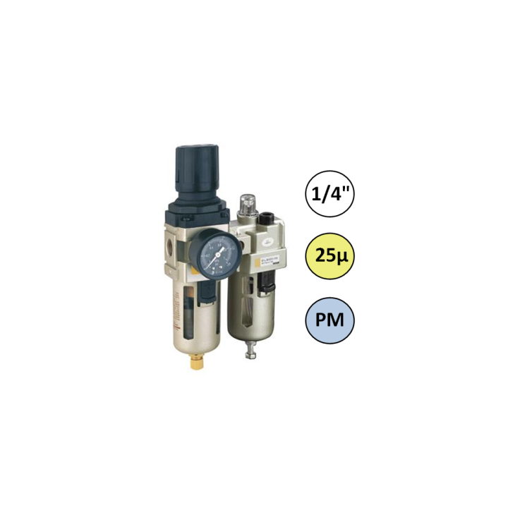 1/4" - 750 l/min - 25µ - PM - Filter Drukregelaar Olienevelaar + Manometer