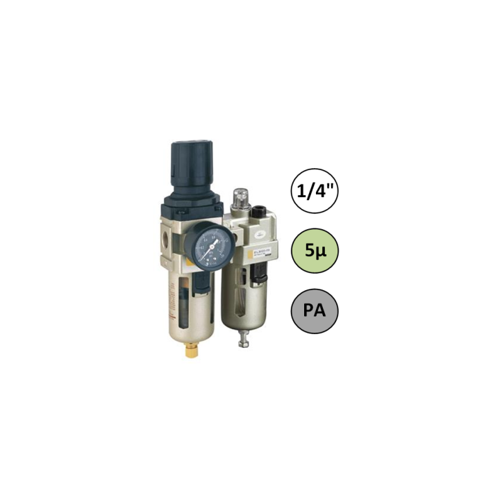 1/4" - 1500 l/min - 5µ - PA - Filter Drukregelaar Olienevelaar + Manometer