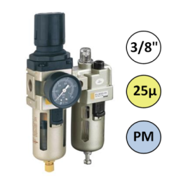 3/8" - 1500 l/min - 25µ - PM - Filter Drukregelaar Olienevelaar + Manometer
