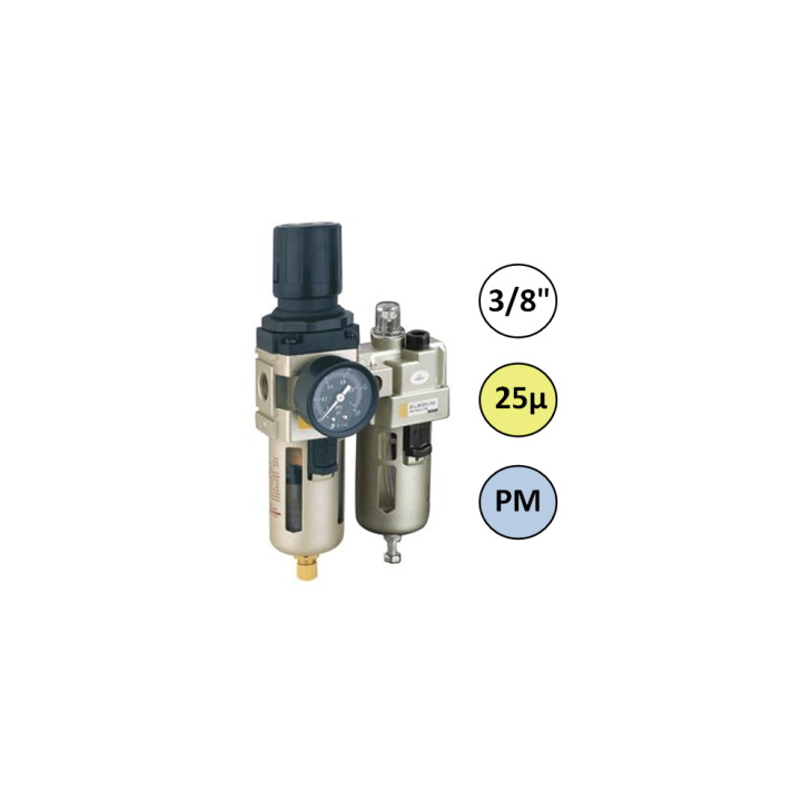 3/8" - 1500 l/min - 25µ - PM - Filter Drukregelaar Olienevelaar + Manometer