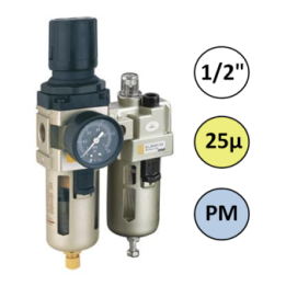 1/2" - 4000 l/min - 25µ - PM - Filter Drukregelaar Olienevelaar + Manometer