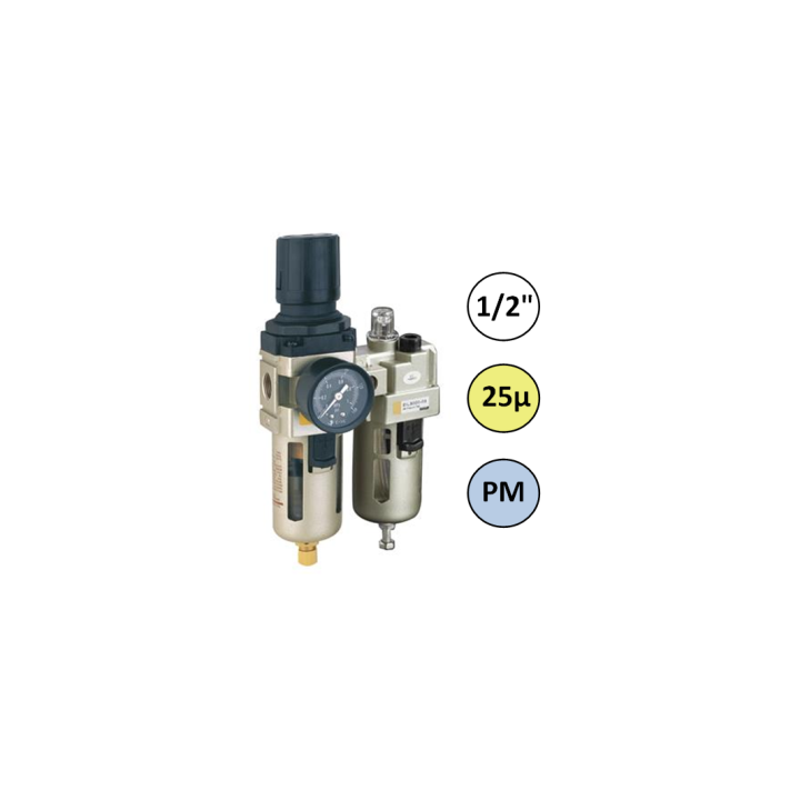 1/2" - 4000 l/min - 25µ - PM - Filter Drukregelaar Olienevelaar + Manometer