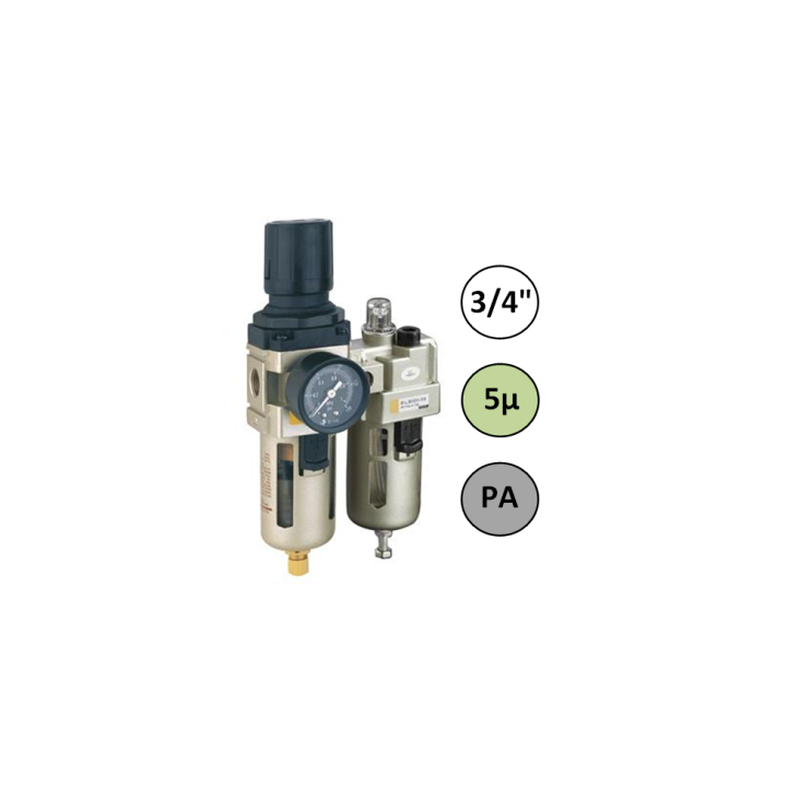 3/4" - 6000 l/min - 5µ - PA - Filter Drukregelaar Olienevelaar + Manometer