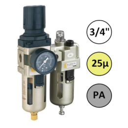 3/4" - 6000 l/min - 25µ - PA - Filter Drukregelaar Olienevelaar + Manometer