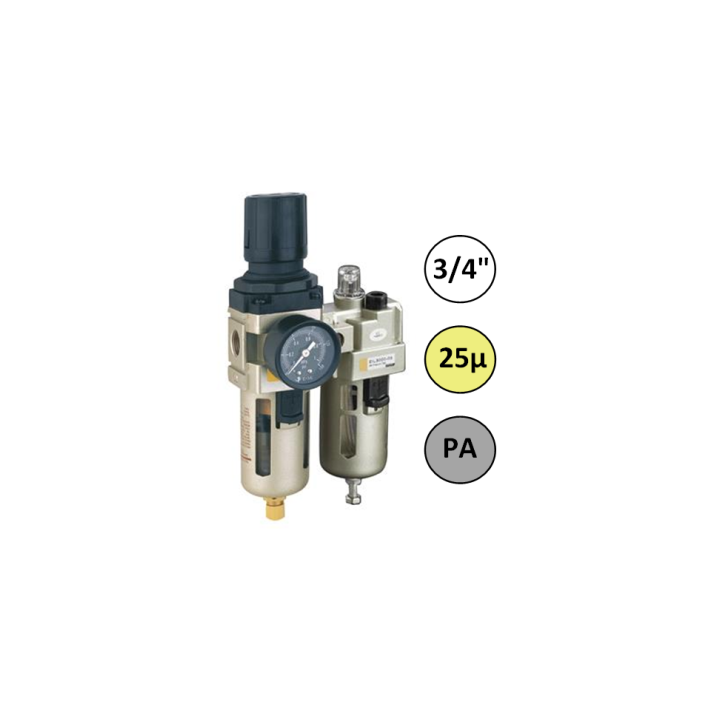 3/4" - 6000 l/min - 25µ - PA - Filter Drukregelaar Olienevelaar + Manometer