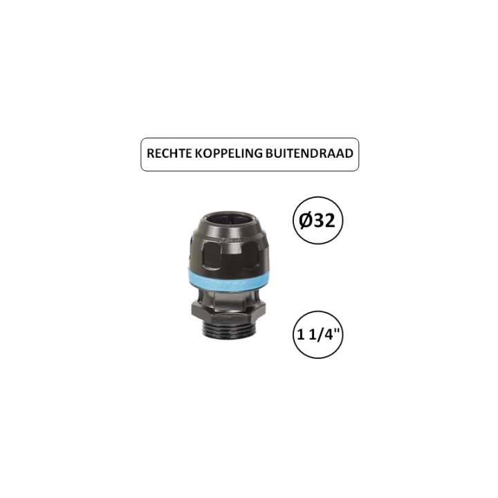 Dia. 32mm - 1 1/4" M - Rechte koppeling met buitendraad - prevost