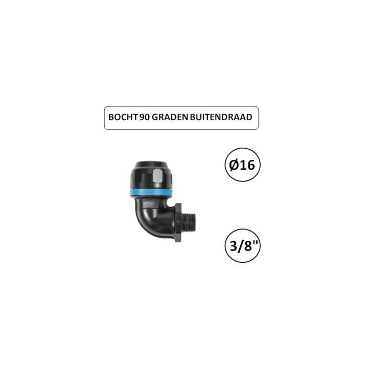 Dia. 16mm - 3/8" M - Bocht 90 graden met buitendraad - prevost