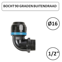 Dia. 16mm - 1/2" M - Bocht 90 graden met buitendraad - prevost