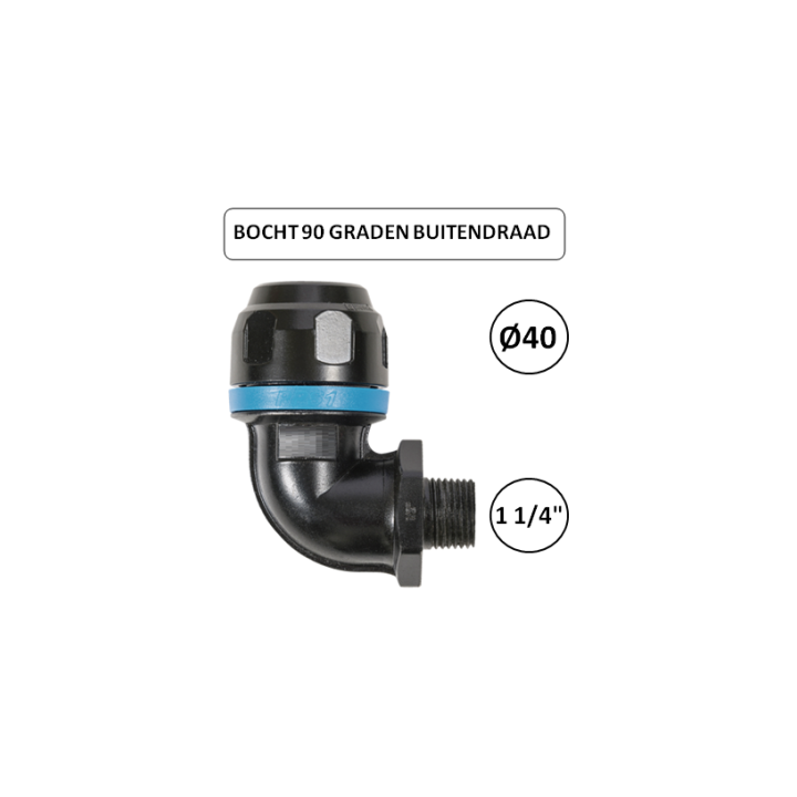 Dia. 40mm - 1 1/4" M - Bocht 90 graden met buitendraad - prevost