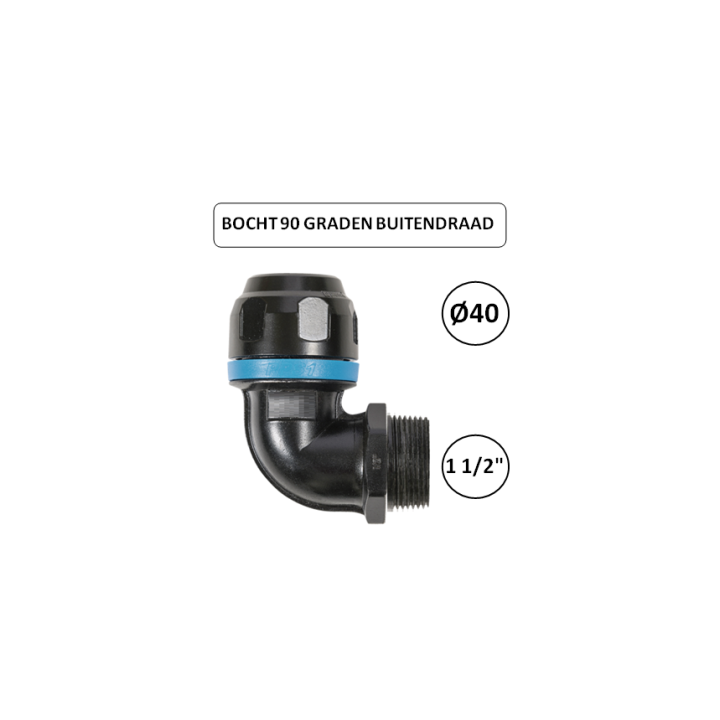 Dia. 40mm - 1 1/2" M - Bocht 90 graden met buitendraad - prevost
