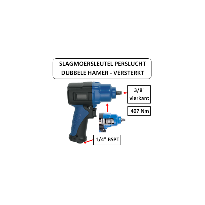 407 Nm - 3/8" vierkante kop - Slagmoersleutel met versterkte dubbele hamer - perslucht