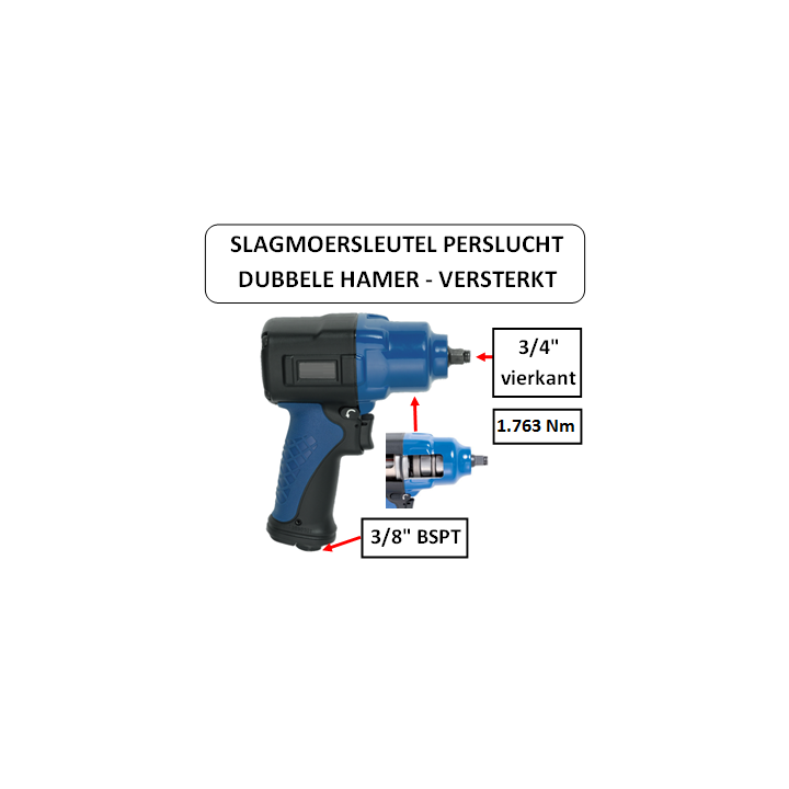 1.763 Nm - 3/4" vierkante kop - Slagmoersleutel met versterkte dubbele hamer - perslucht