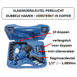 1.085 Nm - 1/2" vierkante kop - Slagmoersleutel met versterkte dubbele hamer in koffer - perslucht