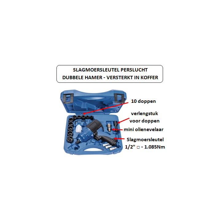 1.085 Nm - 1/2" vierkante kop - Slagmoersleutel met versterkte dubbele hamer in koffer - perslucht