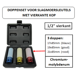 1/2" - 3 doppen - koffer met doppen voor slagmoersleutels met vierkante kop - perslucht