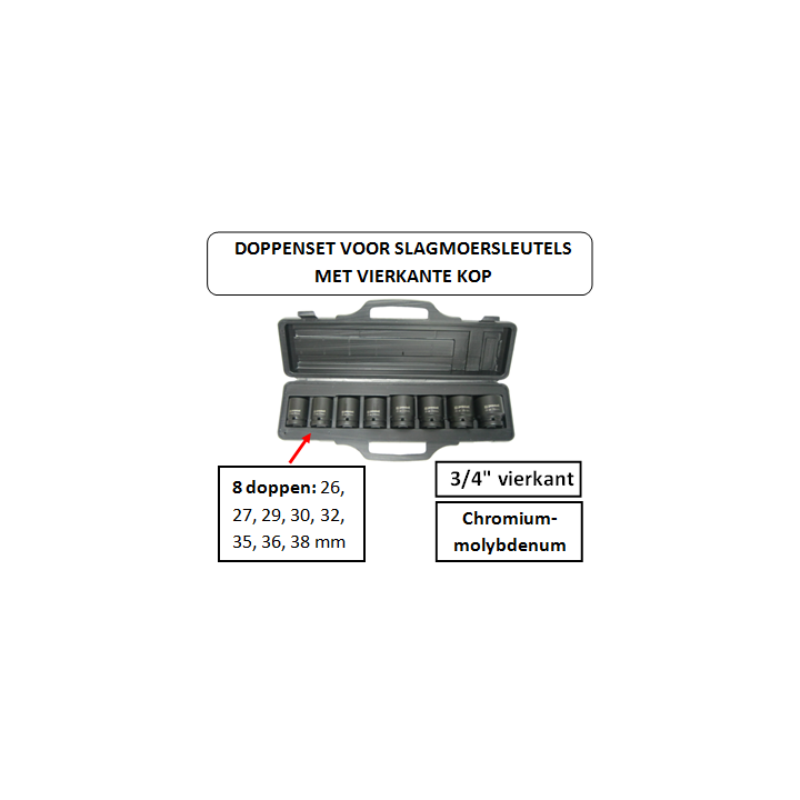 3/4" - 8 doppen - koffer met doppen voor slagmoersleutels met vierkante kop - perslucht