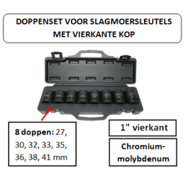 1" - 8 doppen - koffer met doppen voor slagmoersleutels met vierkante kop - perslucht