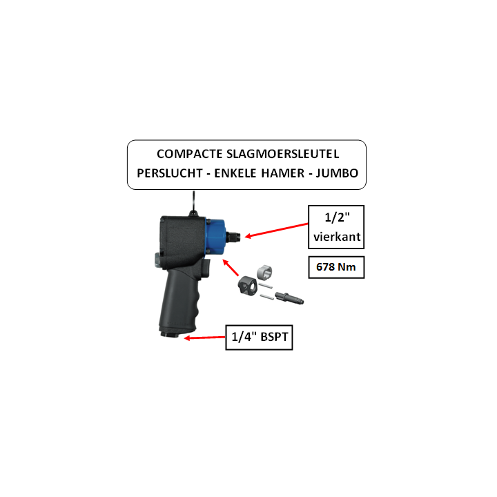 678 Nm - 1/2" vierkante kop - Compacte slagmoersleutel met enkele hamer jumbo - perslucht