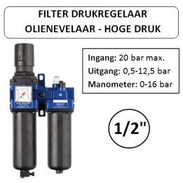 1/2" - 3000 l/min - Filter Drukregelaar Olienevelaar + manometer Hoge Druk - Perslucht