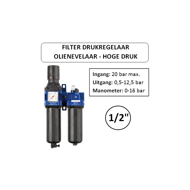 1/2" - 3000 l/min - Filter Drukregelaar Olienevelaar + manometer Hoge Druk - Perslucht