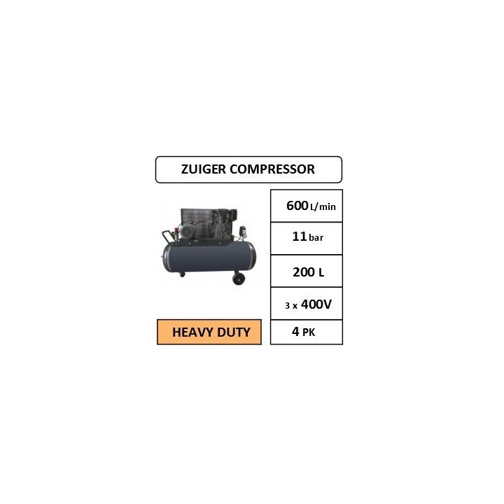 600 l/min - 11 bar - 200L - 4 PK - 400V - 1000 t/min - Compressor industrieel