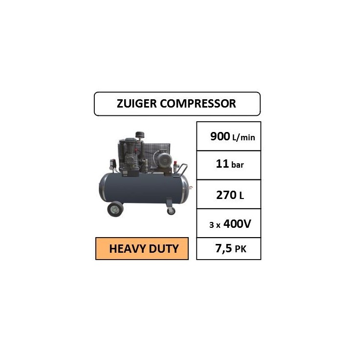 900 l/min - 11 bar - 270L - 7,5 PK - 400V - 1000 t/min - Compressor industrieel