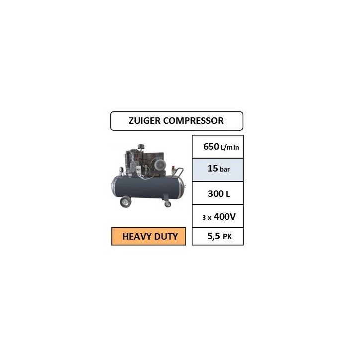 650 l/min - 15 bar - 300L - 5,5 PK - 400V - 1000 t/min - Compressor industrieel
