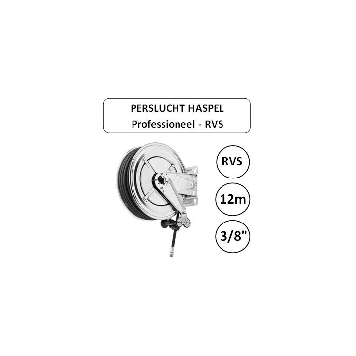 Perslucht haspel RVS 12 meter 3/8" aansluiting PROFESSIONEEL