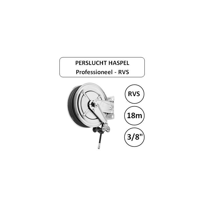 Perslucht haspel RVS 18 meter 3/8" aansluiting PROFESSIONEEL
