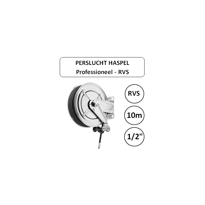 Perslucht haspel RVS 10 meter 1/2" aansluiting PROFESSIONEEL