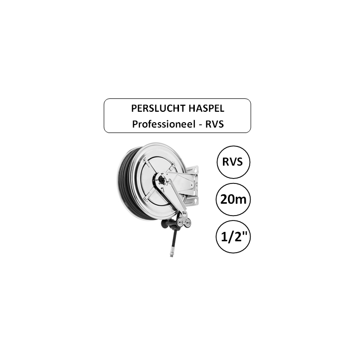 Perslucht haspel RVS 20 meter 1/2" aansluiting PROFESSIONEEL