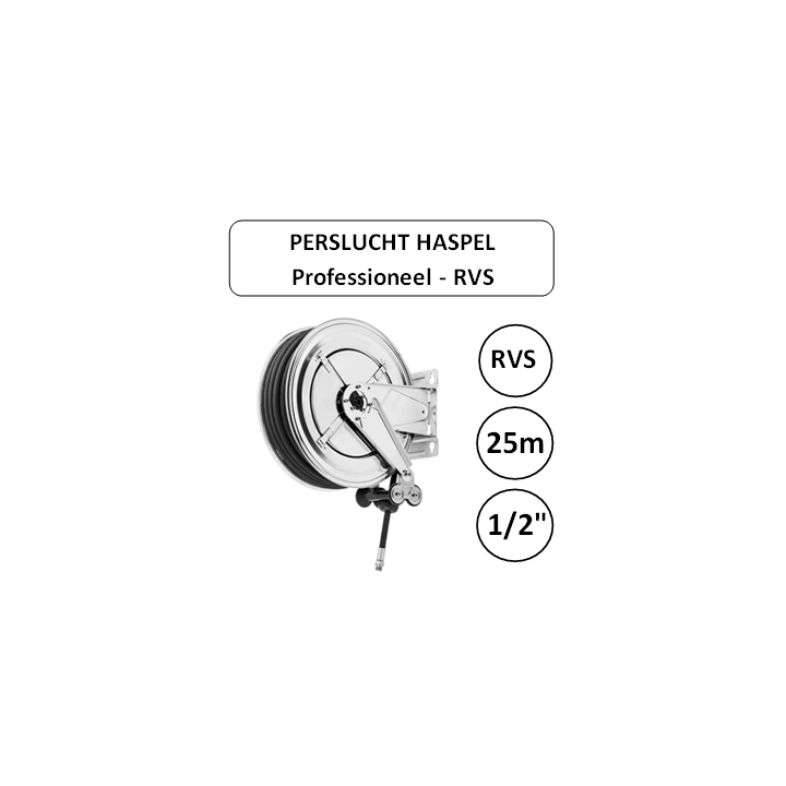 Perslucht haspel RVS 25 meter 1/2" aansluiting PROFESSIONEEL