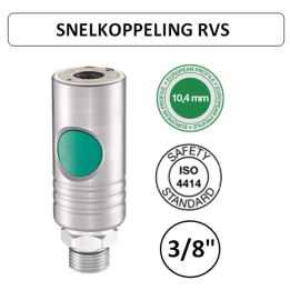 3/8" M - EURO 10,4 - RVS Veiligheidskoppeling buitendraad - groene knop