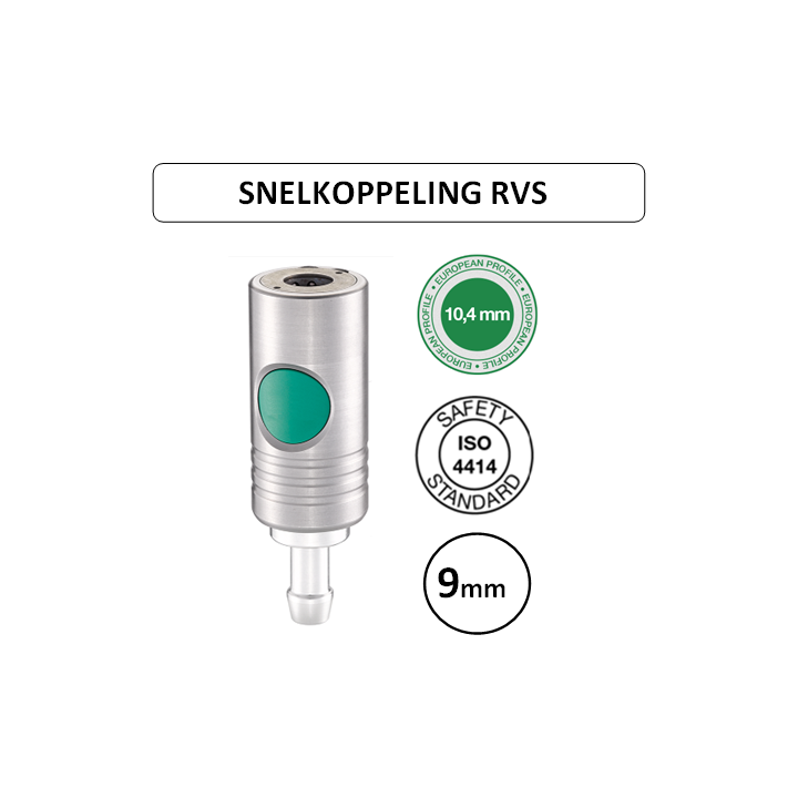 9mm - EURO 10,4 - RVS Veiligheidskoppeling slangdrager - groene knop